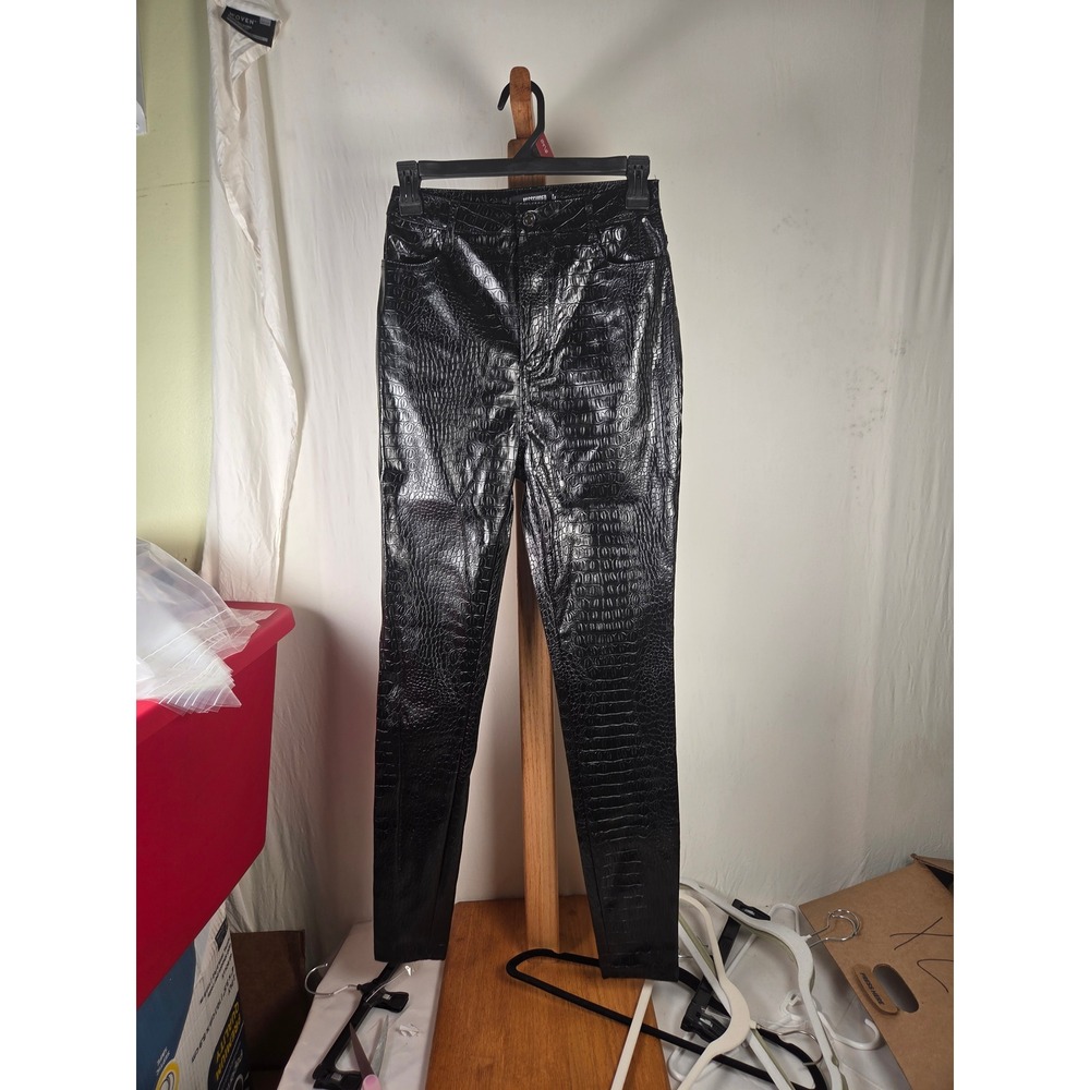 Missguided Black Faux Leather Croc Embossed High Rise Skinny Pants US 2